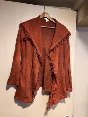 White + Warren Rust Brown Open Cardigan with Fringe